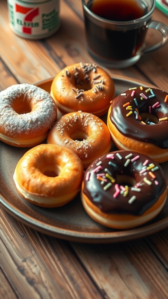 A variety of homemade donuts with powdered sugar and chocolate glaze on a wooden table.